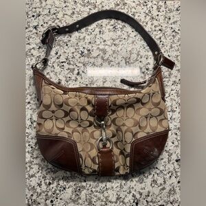 Coach Khaki Brown Hamptons Signature Jacquard Hobo